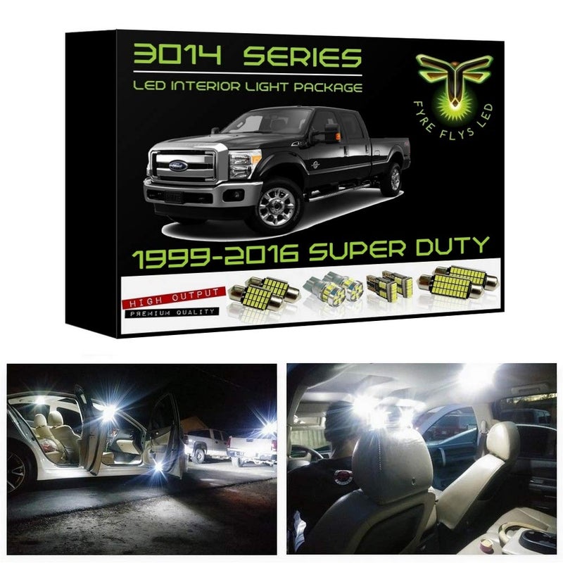 Fyre Flys أضواء داخلية LED بيضاء Fyre Flys لسيارات فورد F250 F350 سوبر ديوتي من 1999-2016، 14 قطعة، 6000K، ساطعة للغاية، مجموعة حزمة سلسلة SMD 3014 وأداة التركيب، استبدال خريطة القبة الباب الحمولة لوحة الترخيص - Image 1